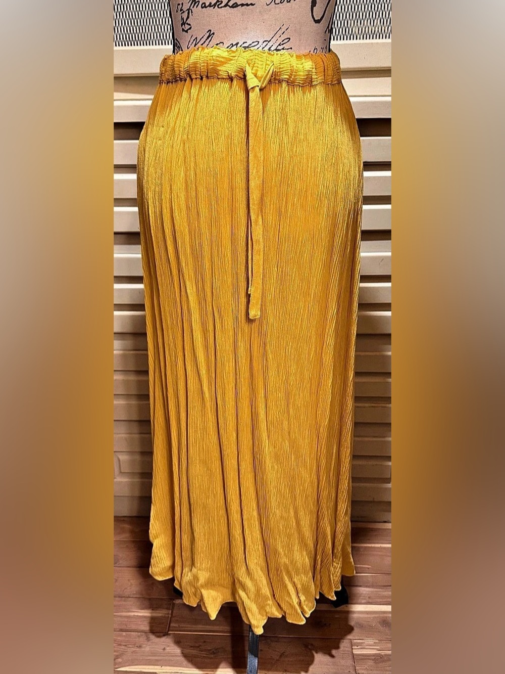 Vintage Michael Simon Plisse Maxi Skirt Large Yellow Crinkle Rayon Made in USA